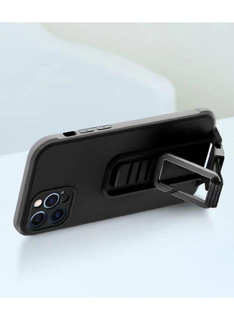 iPhone 12 Case Soft Silicone Foldable Kickstand Buckle Hook Back Cover Black - Image 2