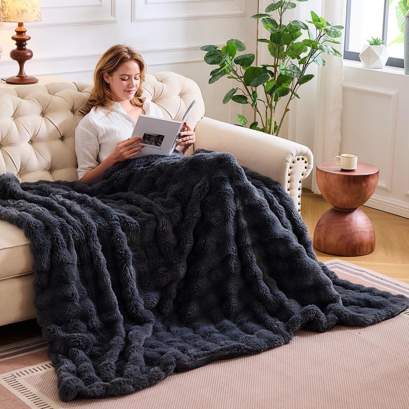 Lotus Karen Lotus Karen Faux Fur Blanket Dark Gray Twin Size - Big Bubble Rabbit Fluff Blanket for Couch  Small Fluffy Fuzzy Cozy Blanket  Thick Furry Plush Shaggy Blankets  60x80 Inches  - Image 2
