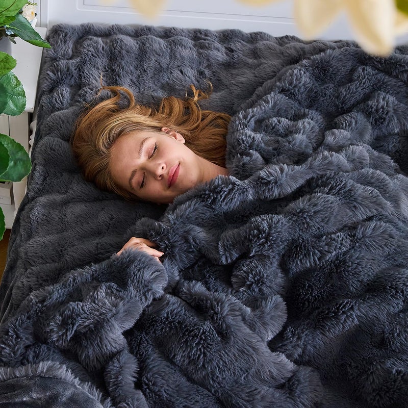 Lotus Karen Lotus Karen Faux Fur Blanket Dark Gray Twin Size - Big Bubble Rabbit Fluff Blanket for Couch  Small Fluffy Fuzzy Cozy Blanket  Thick Furry Plush Shaggy Blankets  60x80 Inches  - Image 3