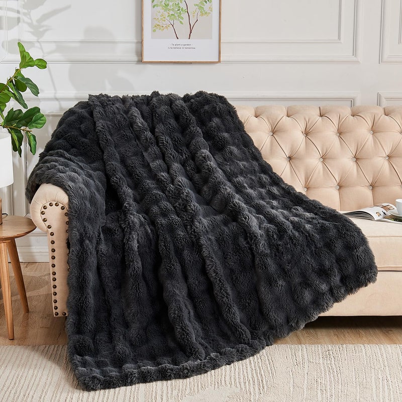 Lotus Karen Lotus Karen Faux Fur Blanket Dark Gray Twin Size - Big Bubble Rabbit Fluff Blanket for Couch  Small Fluffy Fuzzy Cozy Blanket  Thick Furry Plush Shaggy Blankets  60x80 Inches  - Image 1