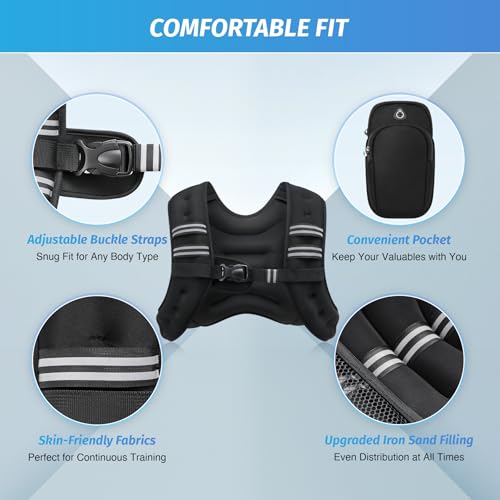 ZELUS Weighted Vest, 6lb/8lb/12lb/16lb/20lb/25lb/30lb Weight Vest with Reflective Stripe for Workout, Strength Training, Running, Fitness, Muscle Building, Weight Loss, Weightlifting, Black(8 lb) - Image 2