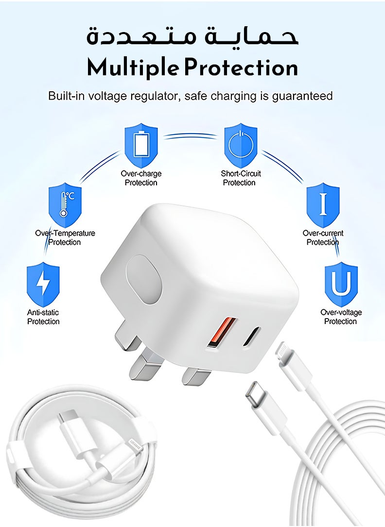 Fast Charger Plug, 20W USB C Fast Charger with 2M Lightning Cable for iPhone 14 13 12 Pro Max/Mini/Plus,Pad Pro, USBC PD Wall Charging Plug UK Type C Power Adapter and 6FT Cord