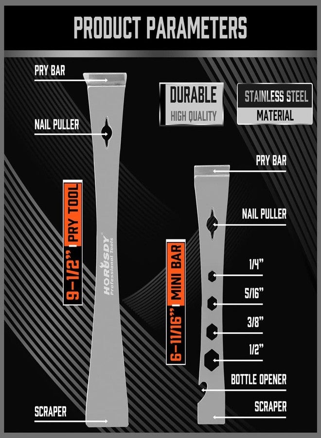 HORUSDY 2-Piece Pry Bar Scraper Set, Stainless Steel Flat Pry Bars with Hex Screwdriver Function, 6-11/16” & 9-1/2” Multi-Purpose Nail Puller, Trim, Demolition & Repair Tools - Image 2