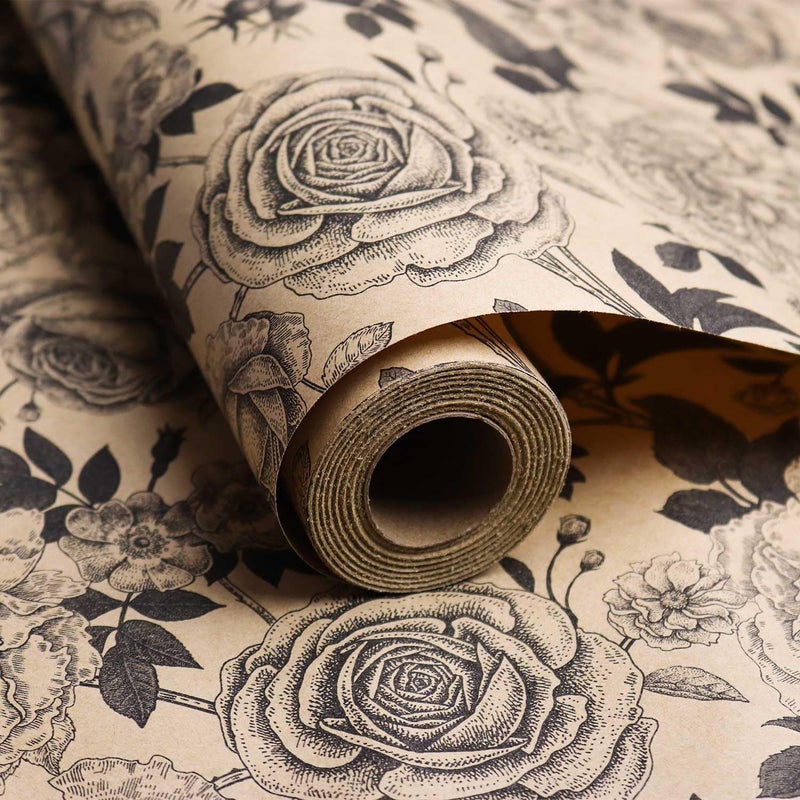 YXTII Kraft Floral Wrapping Paper, Gift Wrap with Cut Lines, Vintage Black Floral Design for Birthday, Wedding, Valentines, Christmas, Bridal Shower, Baby Shower, 17 Inches x 9.8 Feet, Mini Roll - Image 4