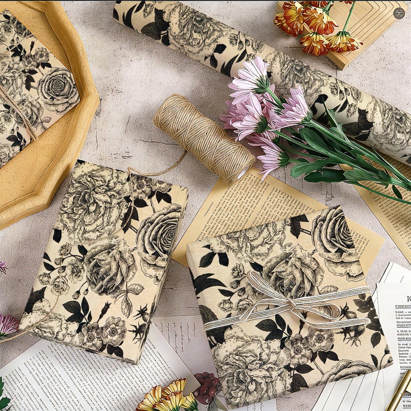 YXTII Kraft Floral Wrapping Paper, Gift Wrap with Cut Lines, Vintage Black Floral Design for Birthday, Wedding, Valentines, Christmas, Bridal Shower, Baby Shower, 17 Inches x 9.8 Feet, Mini Roll - Image 3