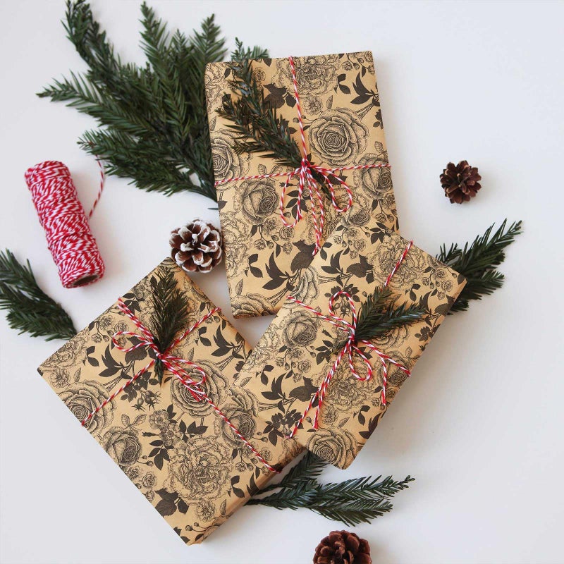 YXTII Kraft Floral Wrapping Paper, Gift Wrap with Cut Lines, Vintage Black Floral Design for Birthday, Wedding, Valentines, Christmas, Bridal Shower, Baby Shower, 17 Inches x 9.8 Feet, Mini Roll - Image 2