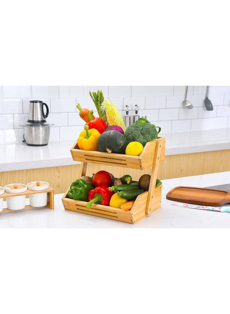 GENERIC - DELUX WOOD CARVER سلة فاكهة بطبقتين لطاولة المطبخ  رف تخزين الفواكه بسعة كبيرة، حامل وعاء للخضروات، منظم لسطح الطاولة  - Image 3