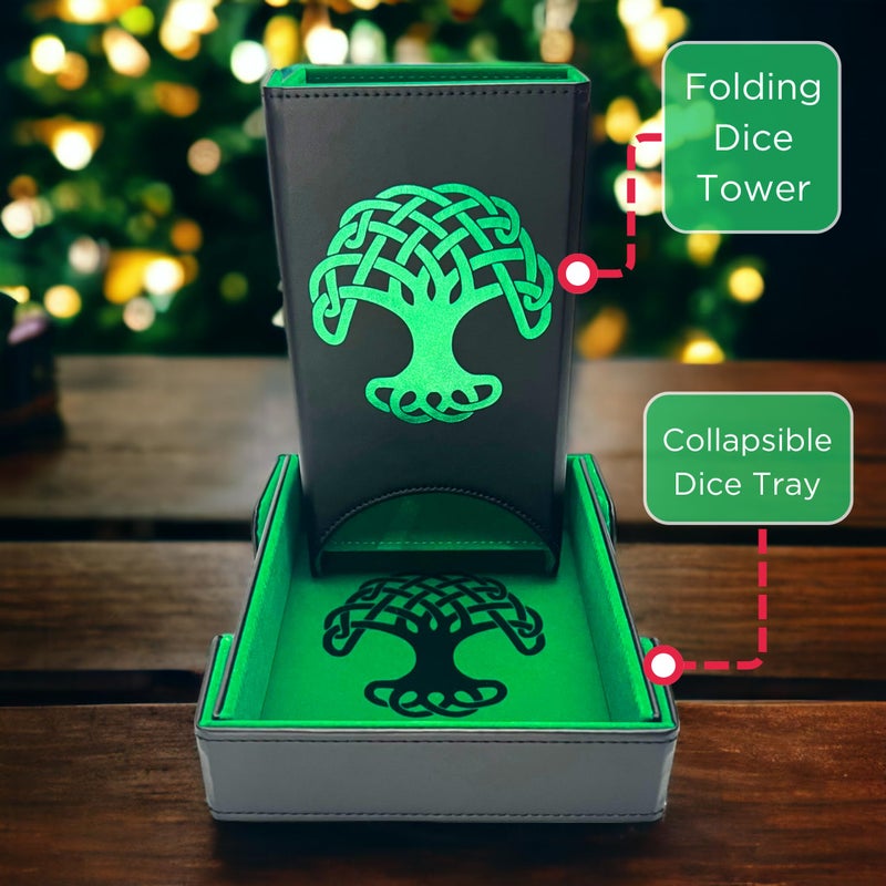 Luck Lab Folding Dice Tower and Dice Tray for RPG Table Top Gaming - Black/Green - Tree of Life Design - Image 2