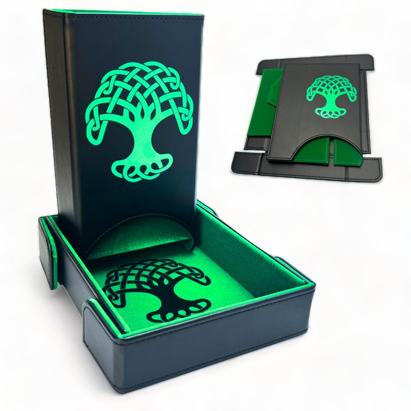 Luck Lab Folding Dice Tower and Dice Tray for RPG Table Top Gaming - Black/Green - Tree of Life Design - Image 1