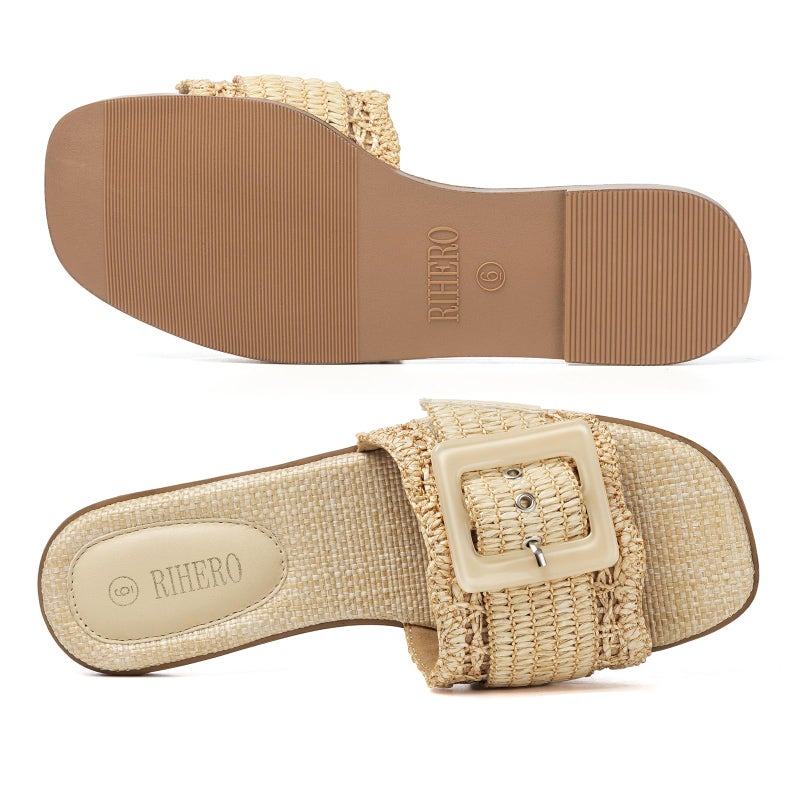Rihero Raffia Flat Sandals for Women Dressy Slip On Beach Slides Square Toe Buckle Summer Fashion Woven Sandals Natural Size 6.5 - Image 5
