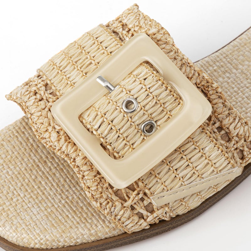 Rihero Raffia Flat Sandals for Women Dressy Slip On Beach Slides Square Toe Buckle Summer Fashion Woven Sandals Natural Size 6.5 - Image 4