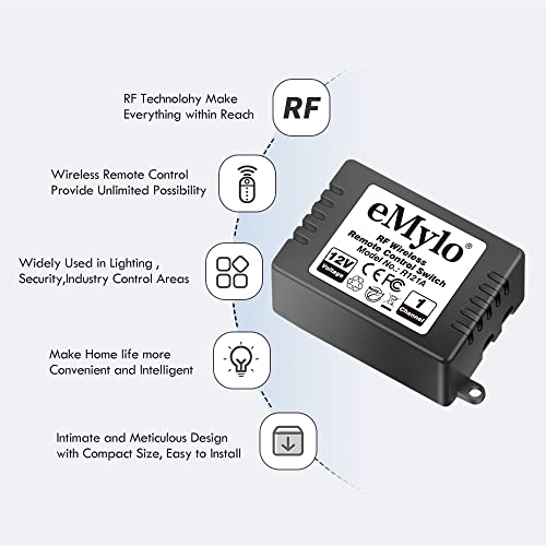eMylo مفتاح تحكم عن بُعد لاسلكي eMylo RF DC 12V 1 قناة مفتاح ضوء واحد مرسل 433Mhz للتحكم عن بُعد في الضوء، المصباح، باب المرآب، التحكم الصناعي ومجالات الأمن - Image 2