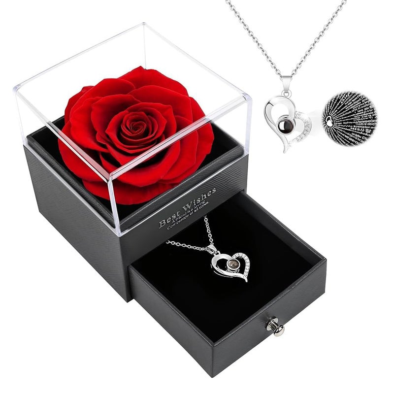 HASTHIP HASTHIP Gift for Girlfriend Unique Preserved Red Rose with Heart Necklace Gifts for Women Girls Wife Mom Rose Box with I Love You in 100 Languages Anniversary Wedding Birthday Gift for Girlfriend  - Image 1