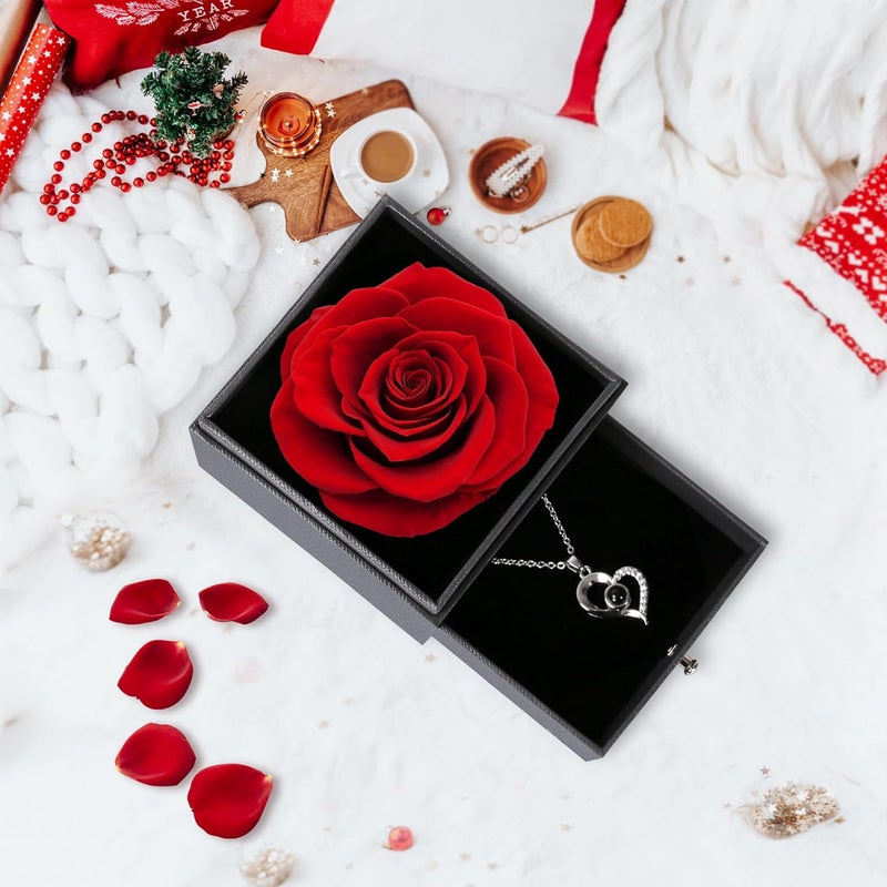 HASTHIP HASTHIP Gift for Girlfriend Unique Preserved Red Rose with Heart Necklace Gifts for Women Girls Wife Mom Rose Box with I Love You in 100 Languages Anniversary Wedding Birthday Gift for Girlfriend  - Image 2