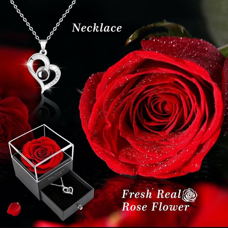 HASTHIP HASTHIP Gift for Girlfriend Unique Preserved Red Rose with Heart Necklace Gifts for Women Girls Wife Mom Rose Box with I Love You in 100 Languages Anniversary Wedding Birthday Gift for Girlfriend  - Image 4