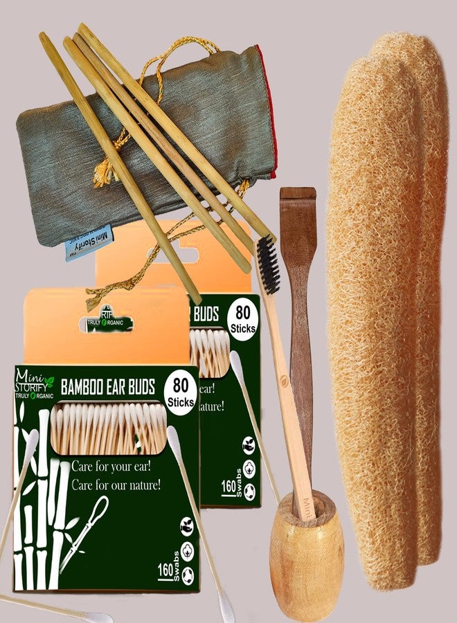 Mini Storify Truly Organic 2.Bamboo Cotton ear bud/swab|80 stem|1.Kids bamboo toothbrush - Oral Care|1.Bamboo toothbrush stand|1.Pure Neem Tongue Cleaner for Adult & Kids|2.Loufah/loofah Pad (PACK-11) - Image 1
