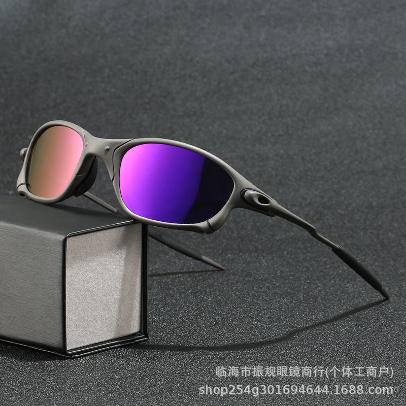 Cross-Border European and American Sand Gray Frame Polarized Sunglasses Metal Future Technology Style Outdoor Sports Cycling Sunglasses Juliet Purple film - Image 1