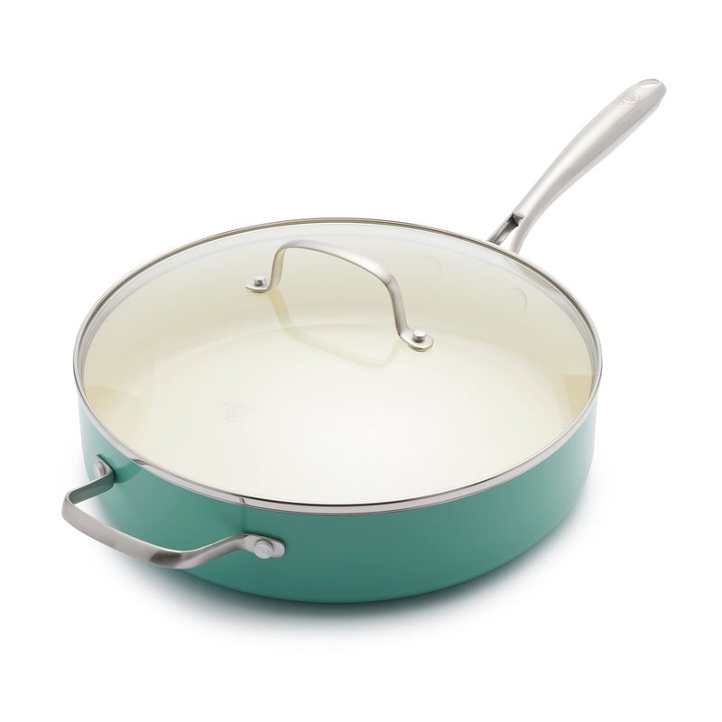 GreenLife GreenLife Artisan Healthy Ceramic Nonstick 5QT Saute Pan Jumbo Cooker with Helper Handle and Lid Stainless Steel Handle PFASFree Dishwasher Safe Oven Safe Turquoise