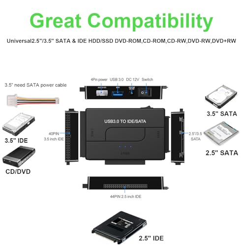 EYOOLD SATA IDE to USB 3.0 Adapter for 2.5/3.5 HDD/SSD Hard Drive Disk, Hard Drive Reader Ultra Recovery Conveter Cable Universal Data Transfer SATA to USB Adapter with Power Supply - Image 3