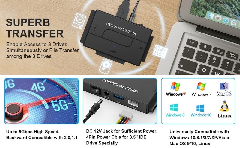 EYOOLD SATA IDE to USB 3.0 Adapter for 2.5/3.5 HDD/SSD Hard Drive Disk, Hard Drive Reader Ultra Recovery Conveter Cable Universal Data Transfer SATA to USB Adapter with Power Supply - Image 5