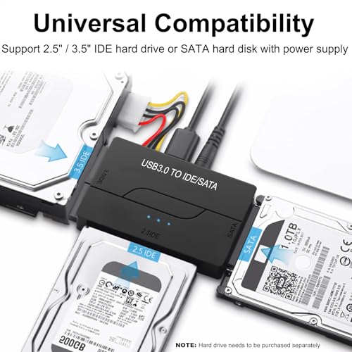 EYOOLD SATA IDE to USB 3.0 Adapter for 2.5/3.5 HDD/SSD Hard Drive Disk, Hard Drive Reader Ultra Recovery Conveter Cable Universal Data Transfer SATA to USB Adapter with Power Supply - Image 2