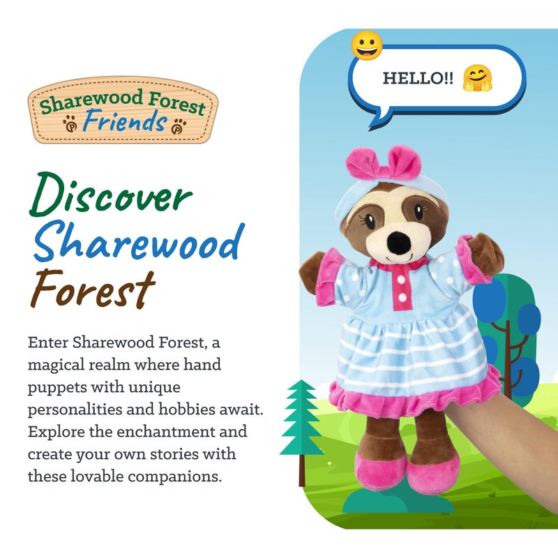 Playtime by Eimmie Sharewood Forest Friends Sofie The Sloth Hand Puppet - Stuffed Animal for Toddlers - Perfect for Puppet Theatre and Creative Play - Blue, White, Pink, Striped, Small - Image 2