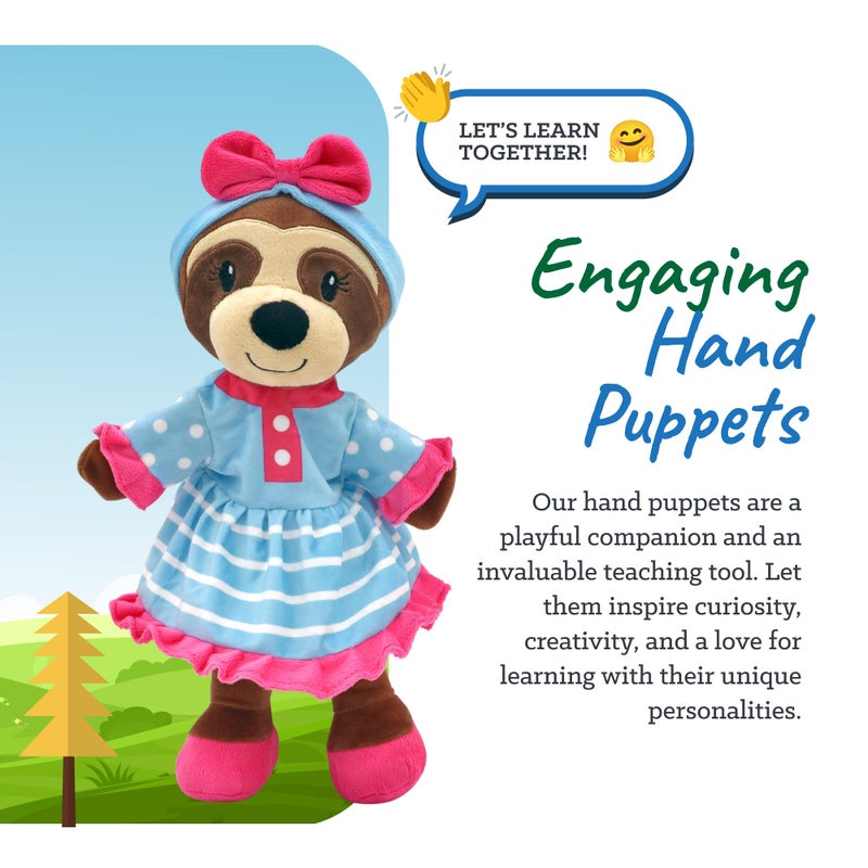 Playtime by Eimmie Sharewood Forest Friends Sofie The Sloth Hand Puppet - Stuffed Animal for Toddlers - Perfect for Puppet Theatre and Creative Play - Blue, White, Pink, Striped, Small - Image 4