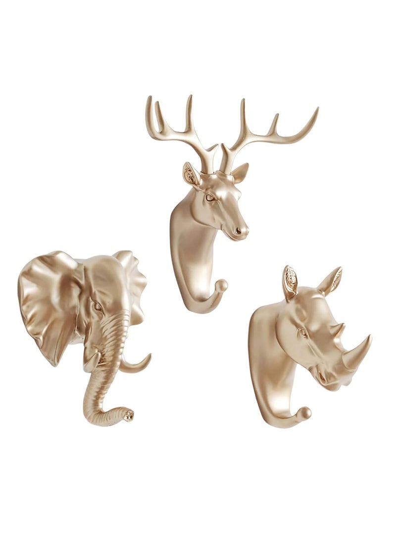 3 Pack Creative Deer Antler Coat Hooks Animal Head Decorative Wall Hooks, Elephant, Deer Antlers, Rhino Head Bathroom Vintage Wall Hooks for Hanging Pockets, Towels, Hats, Keys, Decorative Gifts - Image 1