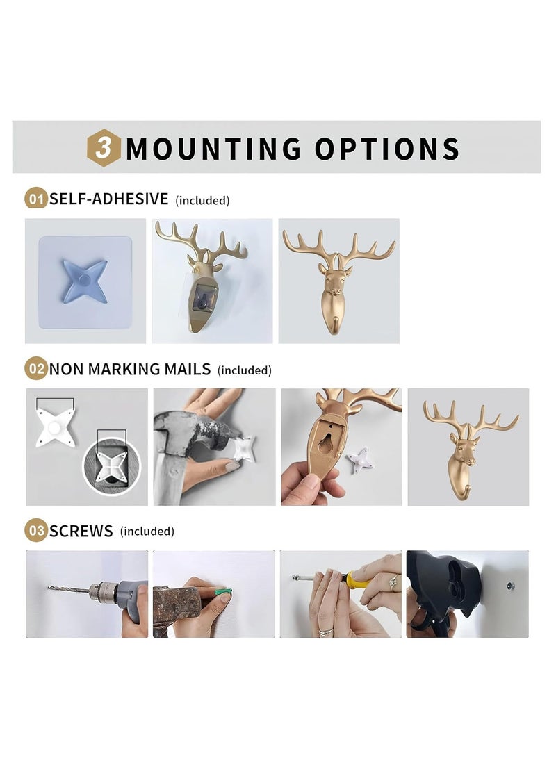 3 Pack Creative Deer Antler Coat Hooks Animal Head Decorative Wall Hooks, Elephant, Deer Antlers, Rhino Head Bathroom Vintage Wall Hooks for Hanging Pockets, Towels, Hats, Keys, Decorative Gifts - Image 3