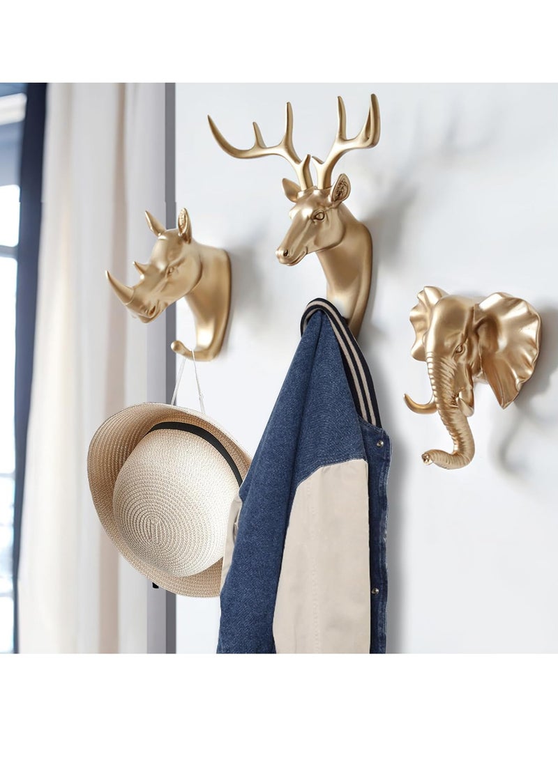 3 Pack Creative Deer Antler Coat Hooks Animal Head Decorative Wall Hooks, Elephant, Deer Antlers, Rhino Head Bathroom Vintage Wall Hooks for Hanging Pockets, Towels, Hats, Keys, Decorative Gifts - Image 5