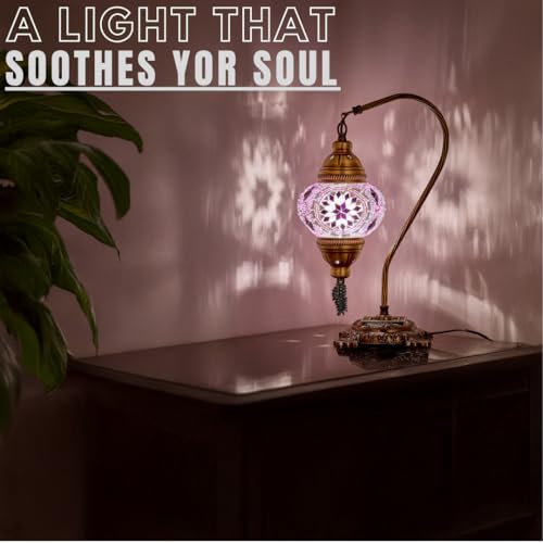 DEMMEX Turkish Moroccan Mosaic Table Lamp Handcrafted TiffanyStyle Colorful Glass Swan Neck Bedside Desk Table Light Boho Artisan Accent Lighting for Bedroom or Living Room 15 H Lilac - Image 3