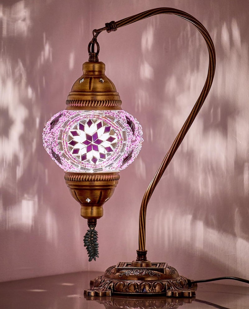 DEMMEX Turkish Moroccan Mosaic Table Lamp Handcrafted TiffanyStyle Colorful Glass Swan Neck Bedside Desk Table Light Boho Artisan Accent Lighting for Bedroom or Living Room 15 H Lilac - Image 2