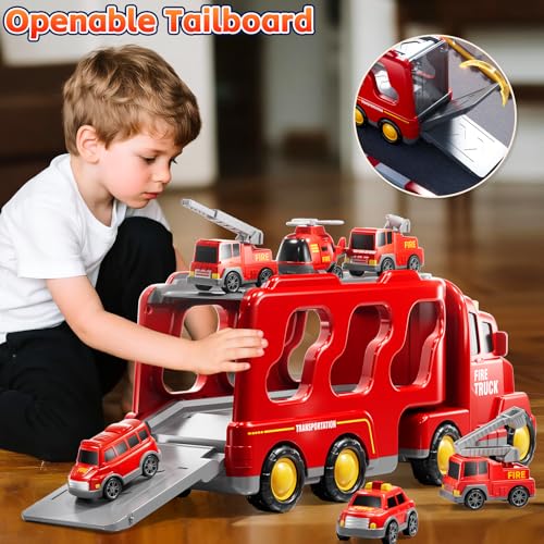 KIZONLY Fire Truck Toys for Toddler 13 35 7in1 Fire Car Carrier Vehicle Set for Girls 1 2 3 4 5 6 Years Old Transport Car with Light Sound Birthdays Gifts for Kids Girls Aged 39 - Image 5
