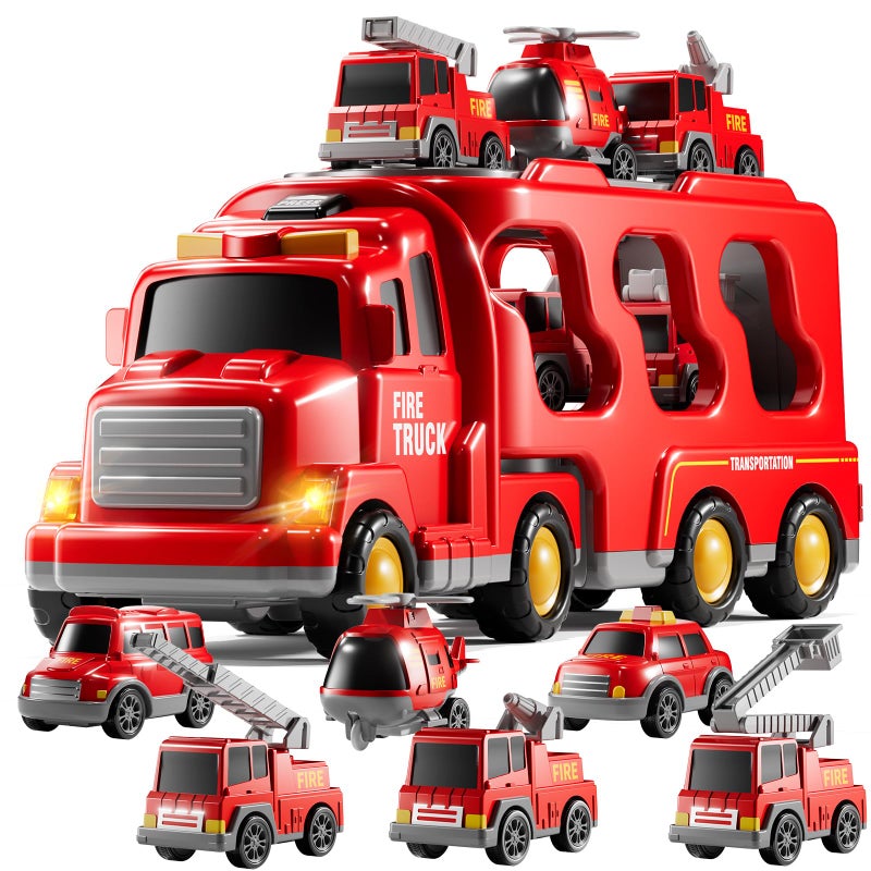 KIZONLY Fire Truck Toys for Toddler 13 35 7in1 Fire Car Carrier Vehicle Set for Girls 1 2 3 4 5 6 Years Old Transport Car with Light Sound Birthdays Gifts for Kids Girls Aged 39 - Image 3