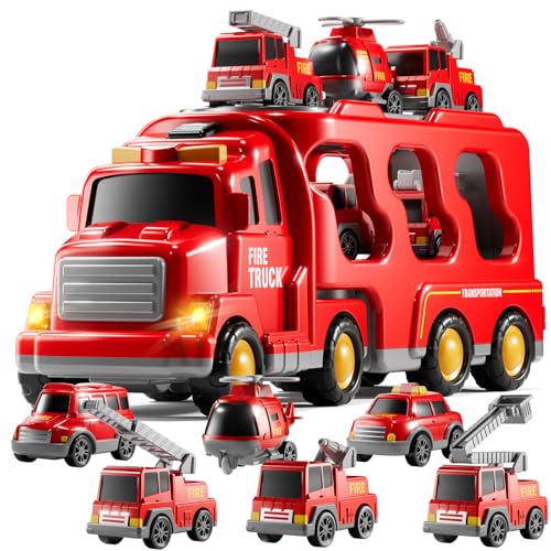 KIZONLY Fire Truck Toys for Toddler 13 35 7in1 Fire Car Carrier Vehicle Set for Girls 1 2 3 4 5 6 Years Old Transport Car with Light Sound Birthdays Gifts for Kids Girls Aged 39 - Image 1