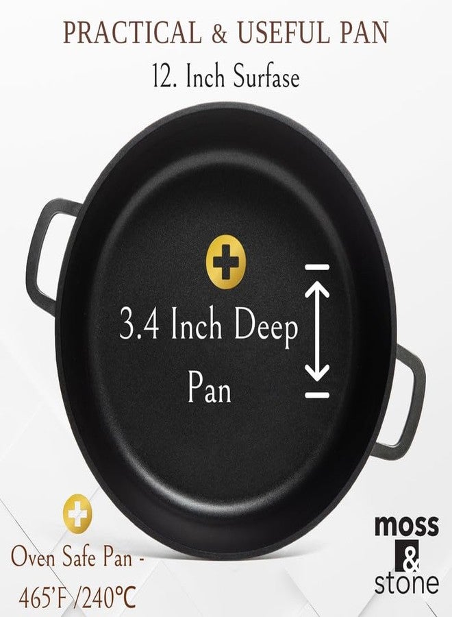 Moss & Stone 12 Inch Nonstick Large Skillet with Lid, 5 Quart Deep Saute Pan, Dishwasher & Oven Safe, Double Handled Frying Pan With Lid, PFOA Free Induction Compatible Cookware - Image 3