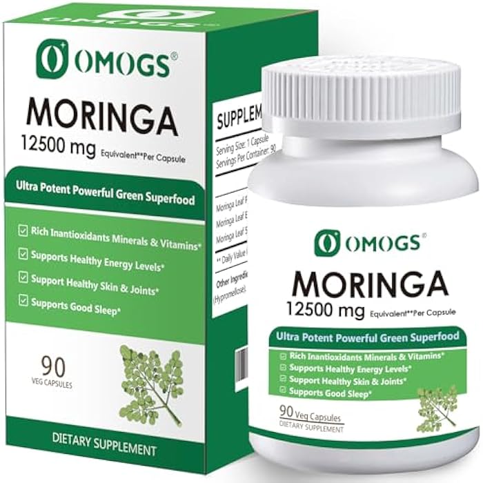 OMOGS Moringa Capsules, Pure Moringa Oleifera Leaf Powder Supplement, Rich Inantioxidants Minerals & Vitamins, for Energy, Metabolism, Immunity & Sleep, Non-GMO, 90 Veg Capsules - Image 1