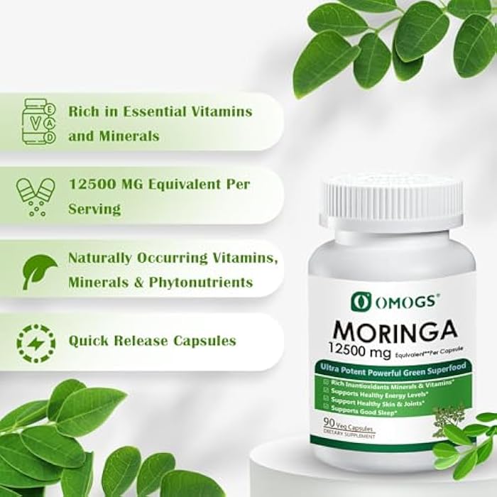 OMOGS Moringa Capsules, Pure Moringa Oleifera Leaf Powder Supplement, Rich Inantioxidants Minerals & Vitamins, for Energy, Metabolism, Immunity & Sleep, Non-GMO, 90 Veg Capsules - Image 4