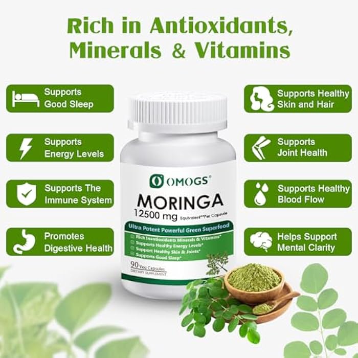 OMOGS Moringa Capsules, Pure Moringa Oleifera Leaf Powder Supplement, Rich Inantioxidants Minerals & Vitamins, for Energy, Metabolism, Immunity & Sleep, Non-GMO, 90 Veg Capsules - Image 3