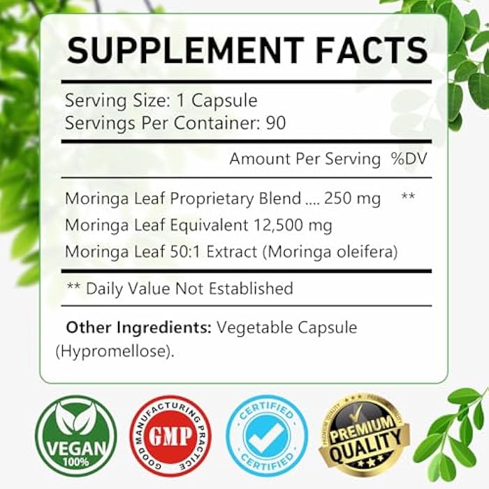 OMOGS Moringa Capsules, Pure Moringa Oleifera Leaf Powder Supplement, Rich Inantioxidants Minerals & Vitamins, for Energy, Metabolism, Immunity & Sleep, Non-GMO, 90 Veg Capsules - Image 2
