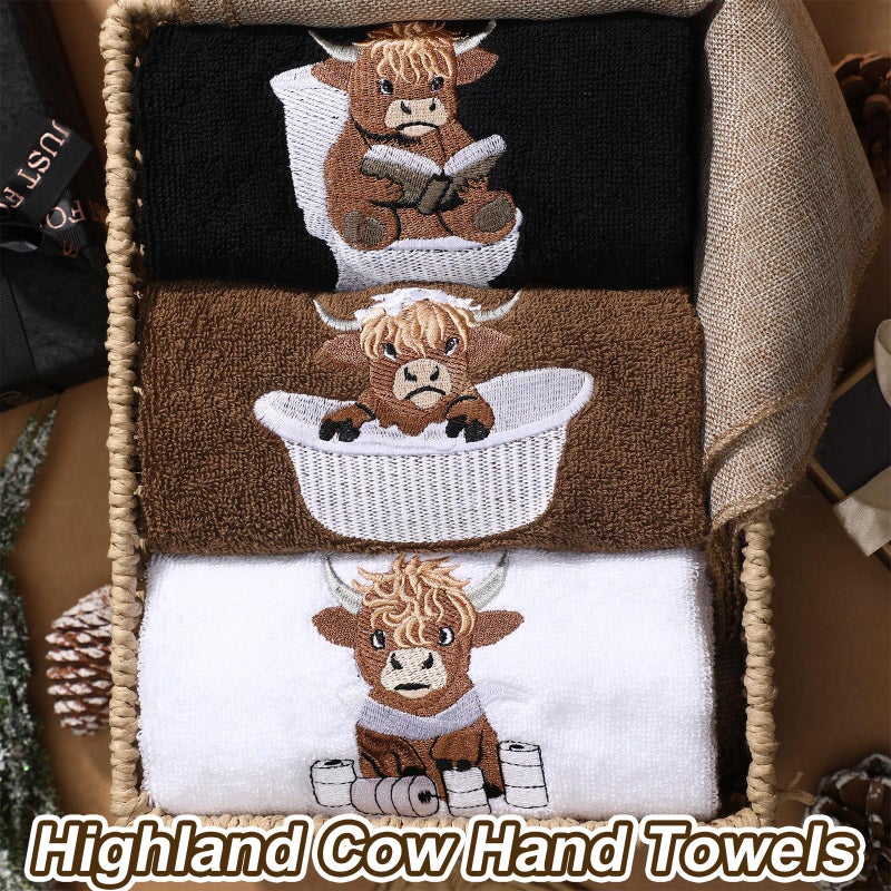 SmoothNovelty 3 Pcs Highland Cow Hand Towels for Bathroom Embroidered Bathroom Towels Farmhouse Decorative 13.78 x 29.53 Inch Absorbent Soft Cotton for Dish Fast Drying Decor - Image 2