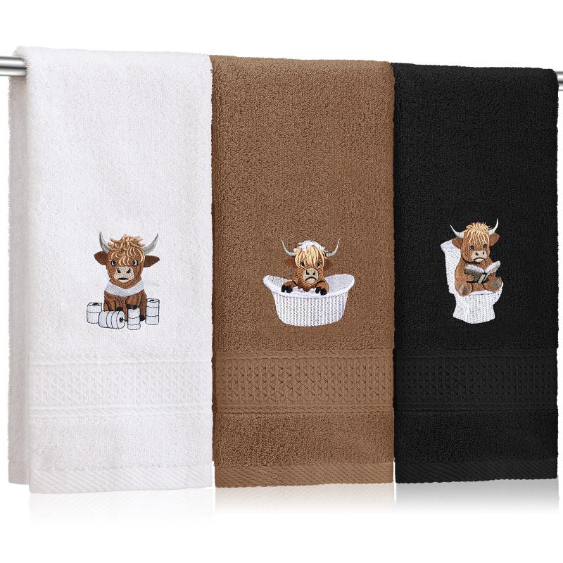 SmoothNovelty 3 Pcs Highland Cow Hand Towels for Bathroom Embroidered Bathroom Towels Farmhouse Decorative 13.78 x 29.53 Inch Absorbent Soft Cotton for Dish Fast Drying Decor - Image 1