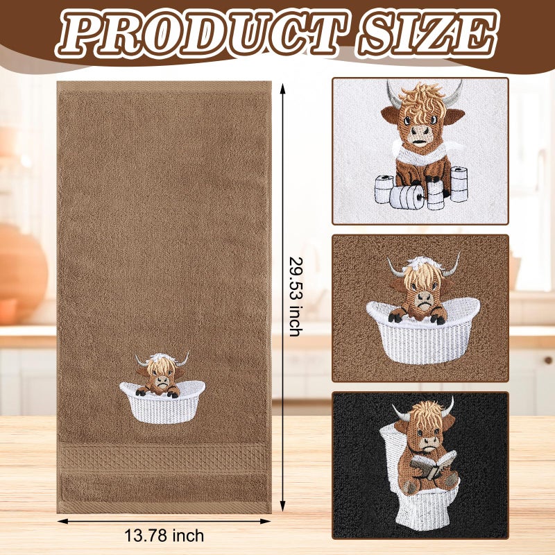 SmoothNovelty 3 Pcs Highland Cow Hand Towels for Bathroom Embroidered Bathroom Towels Farmhouse Decorative 13.78 x 29.53 Inch Absorbent Soft Cotton for Dish Fast Drying Decor - Image 3