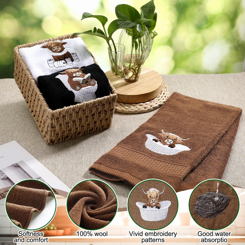 SmoothNovelty 3 Pcs Highland Cow Hand Towels for Bathroom Embroidered Bathroom Towels Farmhouse Decorative 13.78 x 29.53 Inch Absorbent Soft Cotton for Dish Fast Drying Decor - Image 4