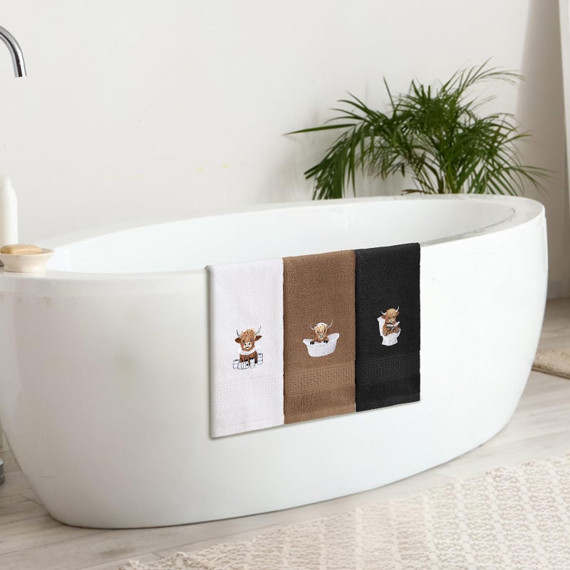 SmoothNovelty 3 Pcs Highland Cow Hand Towels for Bathroom Embroidered Bathroom Towels Farmhouse Decorative 13.78 x 29.53 Inch Absorbent Soft Cotton for Dish Fast Drying Decor - Image 5