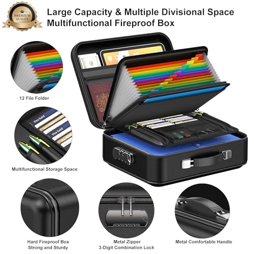 COLCASE Fireproof Document Box, Hard Case Fireproof Box with Lock Hard-Shell Design Fireproof Water Resistant Safe Box File Organizer for Important Documents Certificates Laptop Passports Black - Image 4