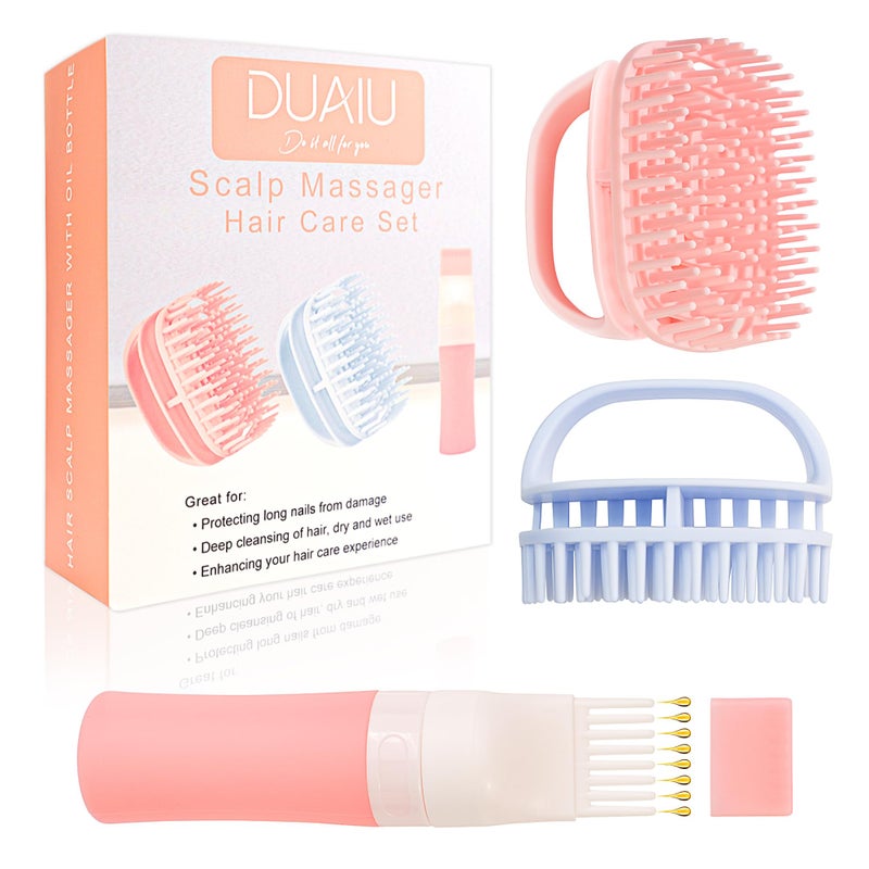 DUAIU Hair Oil Applicator with 2PCS Scalp Massager, Silicone Root Comb Applicator Bottle and Silicone Shampoo Brush Set, Scalp Scrubber Bottle for Hair Dye and Care - Image 1