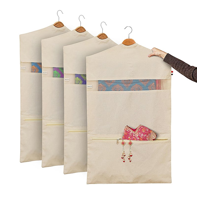 Solstice أكياس/أغطية ساري قطنية معلقة بحجم 30 × 18 (بوصة) لتخزين الملابس، منظم خزانة (العلّاقات غير مشمولة، جيب مزدوج - عبوة 4 بيج فاتح) - Image 1