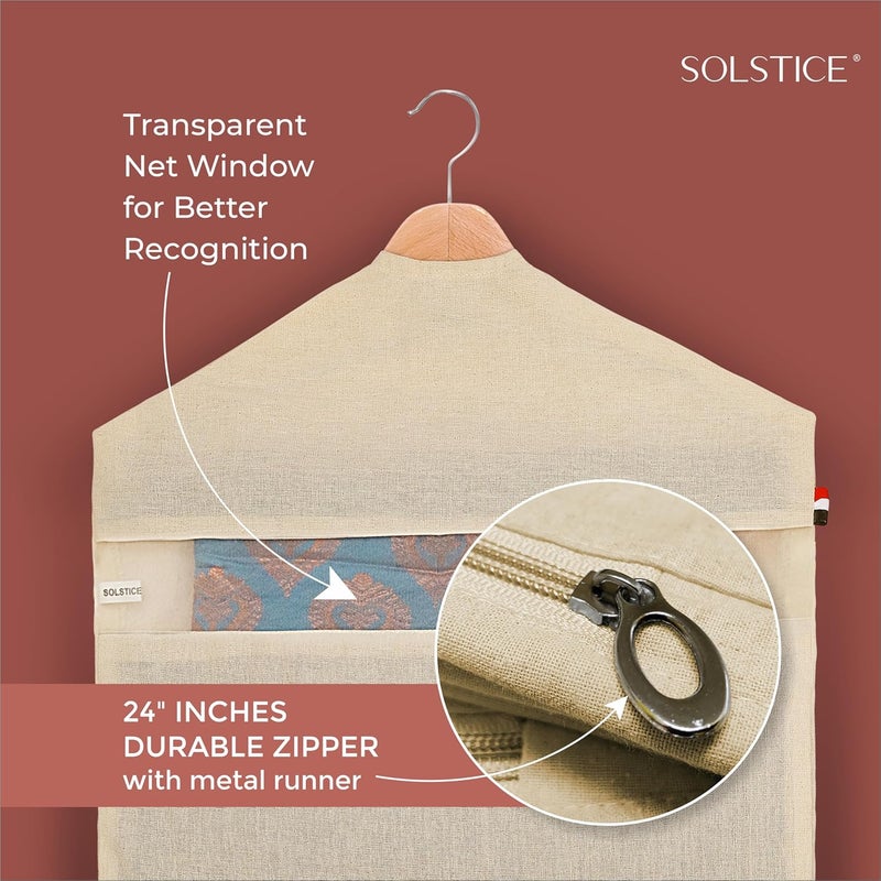 Solstice أكياس/أغطية ساري قطنية معلقة بحجم 30 × 18 (بوصة) لتخزين الملابس، منظم خزانة (العلّاقات غير مشمولة، جيب مزدوج - عبوة 4 بيج فاتح) - Image 4