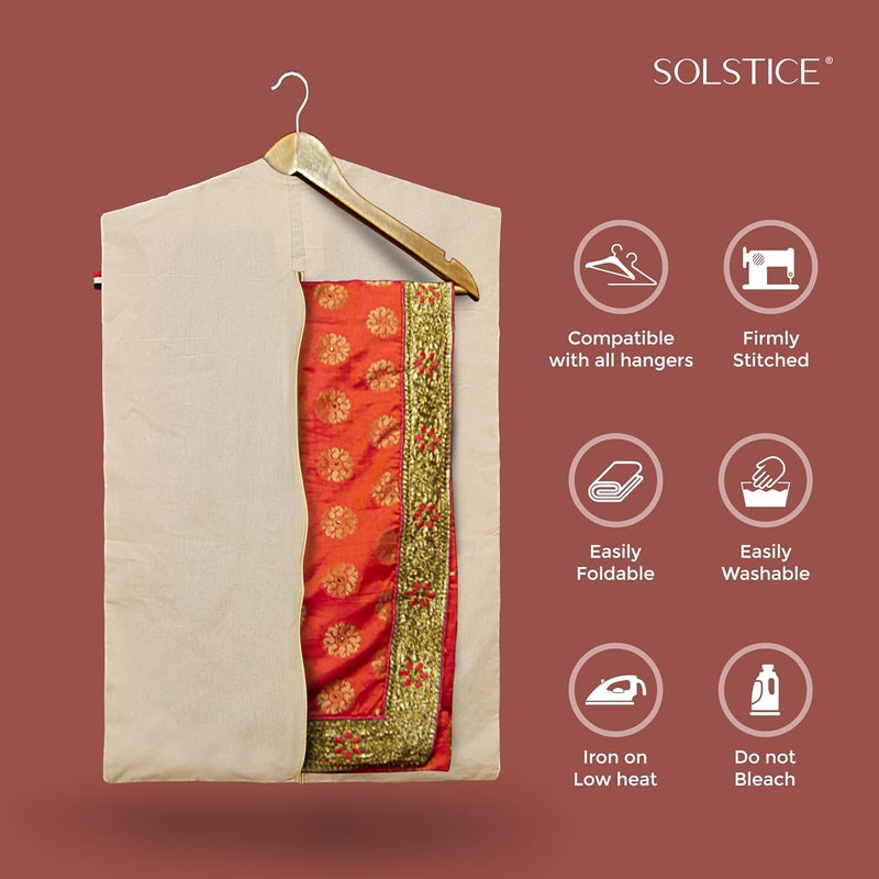 Solstice أكياس/أغطية ساري قطنية معلقة بحجم 30 × 18 (بوصة) لتخزين الملابس، منظم خزانة (العلّاقات غير مشمولة، جيب مزدوج - عبوة 4 بيج فاتح) - Image 5